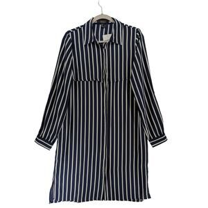 Forever 21‎ Striped Shirt Dress M Navy Knee Length Button Collar Roll Tab Sleeve